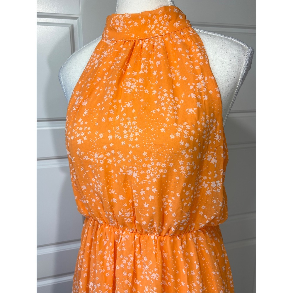 Sienna Sky Orange Floral Halter Neck Dress Sleeveless Layered Mini L - Picture 2 of 8